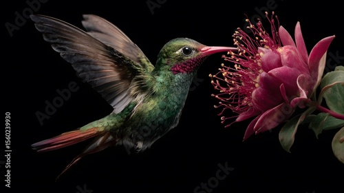 Hummingbird flying close up to pink flower detailed wings nature photography wildlife black background art 4k