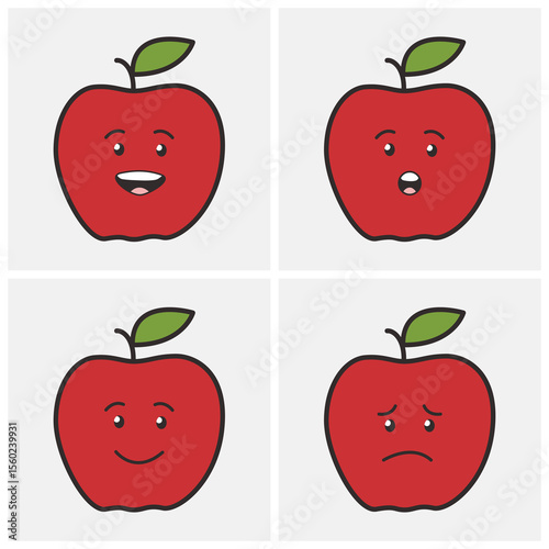 Set of Cute Red Apple Emoticons with Different Expressions