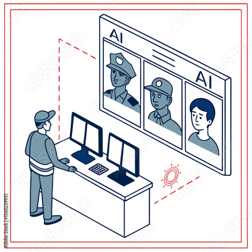 A security guard monitors ai face recognition on computer screens in a control room environment setup