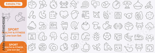 Sport and Fitness set of web icons in line style. Gym and fitness icons for web and mobile app. Healthy lifestyle, exercise, diet, nutrition, weight training, body care, workout. Editable stroke