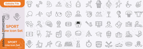 Sport and Fitness set of web icons in line style. Gym and fitness icons for web and mobile app. Healthy lifestyle, exercise, diet, nutrition, weight training, body care, workout. Editable stroke