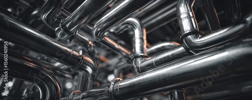 Complex Arrangement of Industrial Stainless Steel Pipes Creating an Intricate Network Against a Dark Background in a Modern Facility Environment