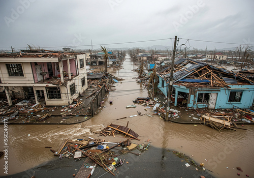 Heavily damaged town with flooded streets and destroyed buildings after a natural disaster like a hurricane or typhoon