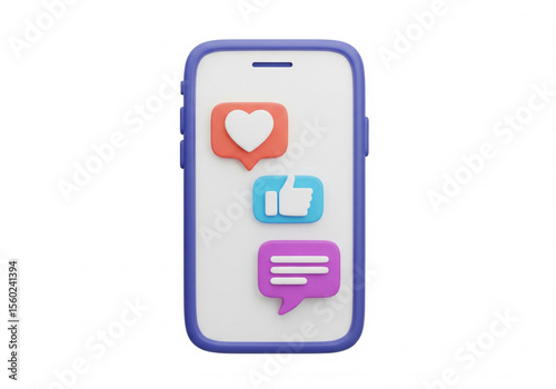 3d icon of smartphone with heart, like, comment icons, social media marketing theme, vibrant colors, isometric clay 3d render, white background.