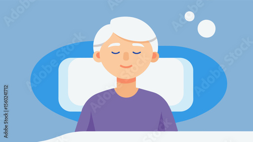 A cartoon drawing of an older adult lying in bed their eyes closed and a gentle smile on their face as they listen to a guided body scan meditation recording.. Vector illustration