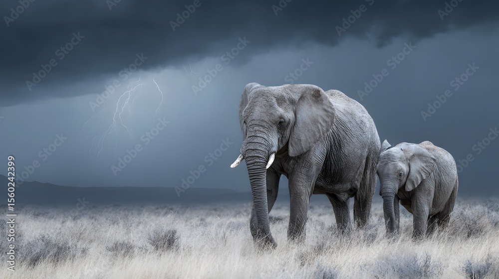 Fototapeta premium Elephant family walking in african savanna with storm clouds wildlife photography animal behavior