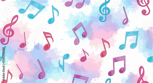 A seamless pattern of watercolor music notes with soft gradient colors in blue, pink, and purple
