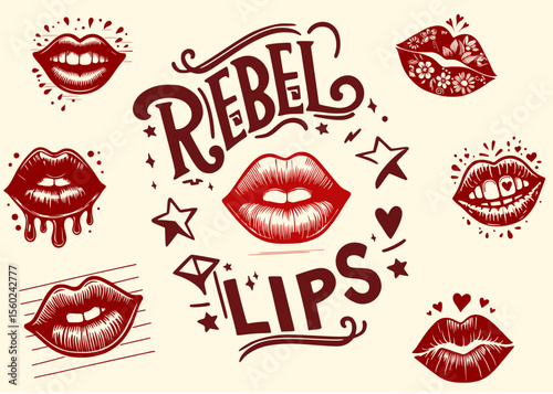 Set of 7 illustrated lips with different expressions around the text Rebel Lips, pop art style graphics on a light background