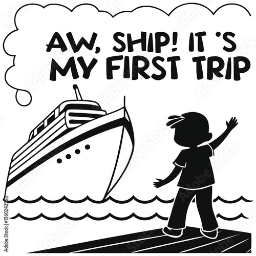 Child waving to cruise ship with playful text illustration