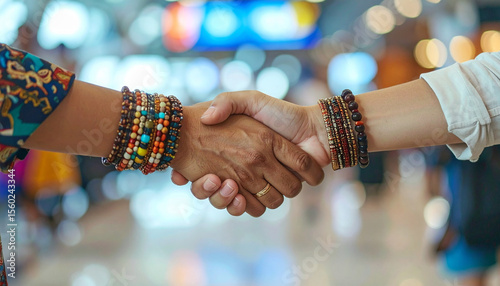 Two hands shaking in a gesture of agreement and collaboration. A handshake symbolizes partnership and common goals. The individuals wear bracelets and are located in a modern indoor setting. 