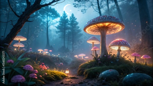 Wallpaper Mural A colorful mushroom with an adorable face , ai generative mushrooms in the forest, Fantastic wonderland forest landscape with mushrooms and flowers background. Torontodigital.ca