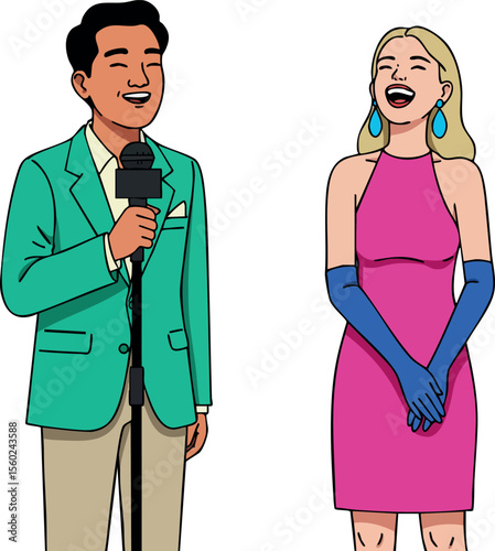 Male presenter in green blazer and female in pink dress laughing during interview or event vector illustration