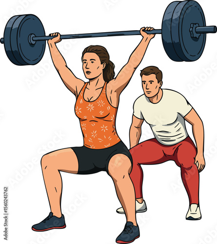 Woman performing overhead barbell squat with male trainer spotting fitness strength training exercise vector illustration