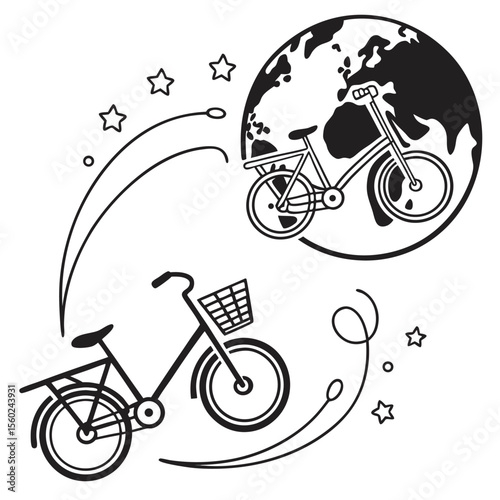 Global Cycling Adventure Minimalist Black and White Vector Illustration