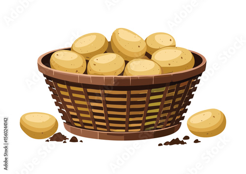Rustic Dark Basket with Golden Potatoes - Vector Illustration