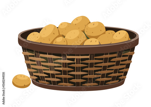 Dark Woven Basket with Golden Potatoes - Vector Illustration