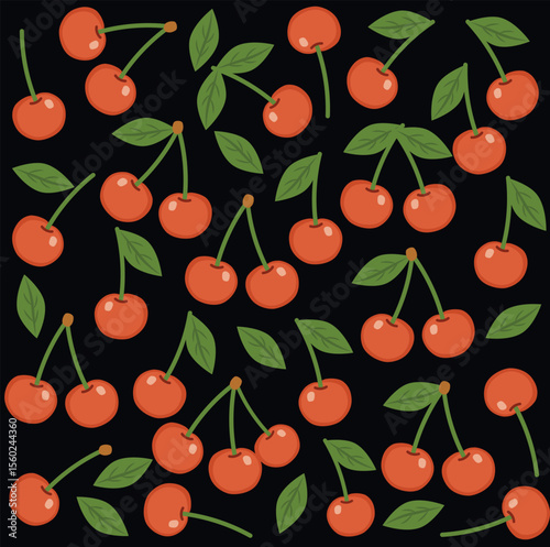 Seamless pattern with cherry berries and green leaves in a scattered layout on a black background. Perfect for fabric wrap wallpaper and summer themed design projects. Vector illustration.
