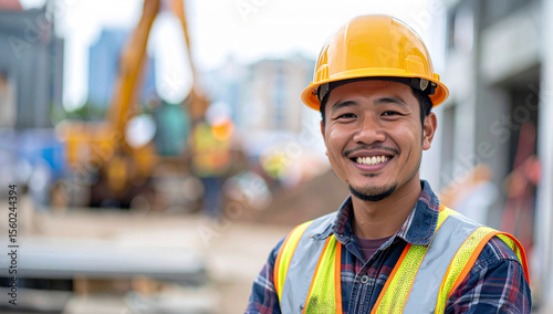 A cheerful construction worker, posing with a smile on the building site. The person wears a yellow helmet and safety vest. The background has an excavator, hinting at ongoing construction work