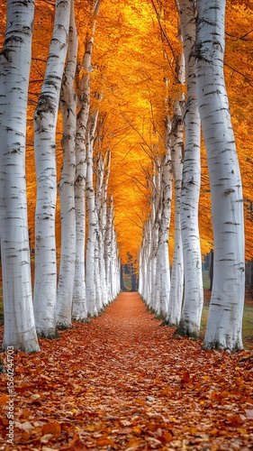 Serene Landscape Nature Autumn Tree Foliage In Forest
