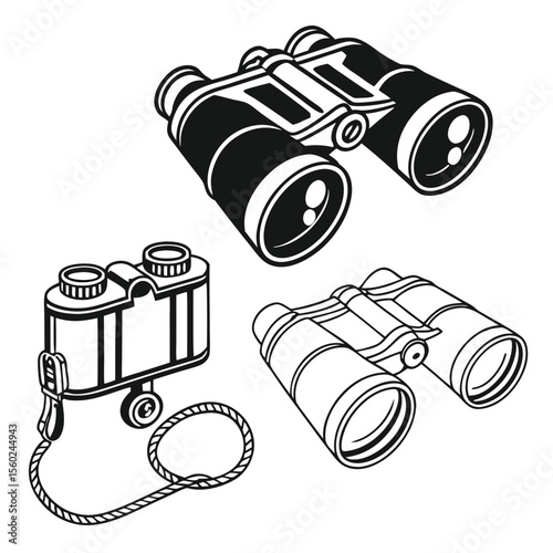 Vintage Binoculars Black and White Illustration Set