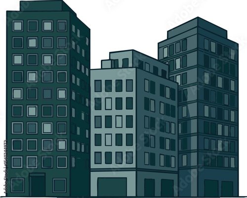 Urban cityscape with modern office buildings in dark blue and gray tones vector illustration