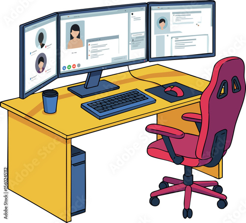 Modern workspace setup with triple computer monitors and ergonomic red office chair vector illustration