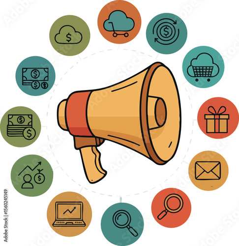 Megaphone marketing communication with business and finance icons vector illustration digital promotion concept