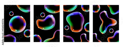 Glowing soap bubbles on black background. Colorful soap bubble. 3D soap balloon. Foam, powder, soap, detergent
