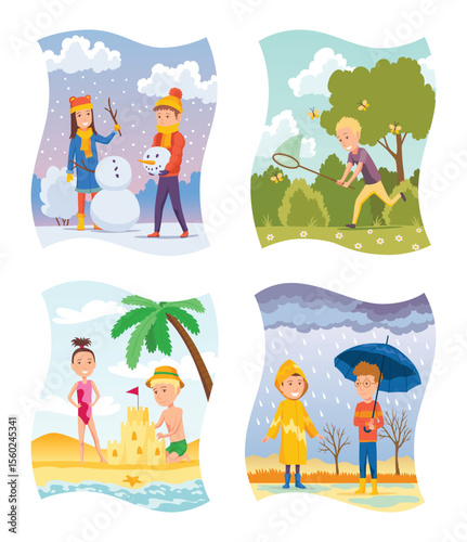 Kids in four seasons set: winter, spring, summer, autumn. Children in different weather vector illustration. Girl and boy building snowman, in puddle, building a sandcastle, under umbrella