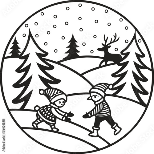 Cartoon vector illustration of fun children skiing down a snowy mountain
