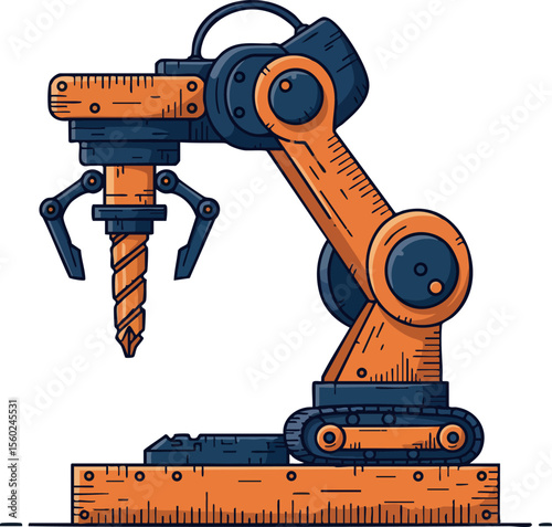 Industrial robotic arm with drill tool for automated manufacturing and precision engineering processes in factory settings vector illustration