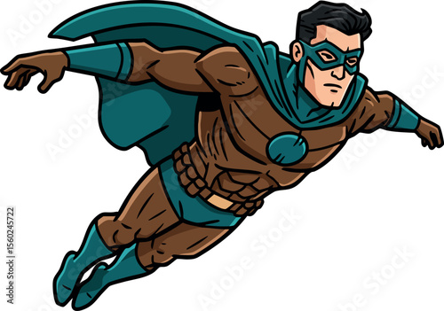 Superhero flying in dynamic pose with teal and brown costume and mask vector illustration