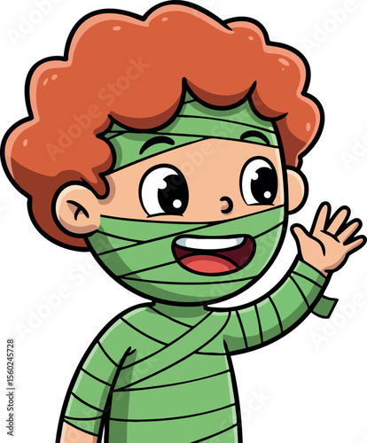 Cartoon child dressed as green mummy costume with orange curly hair waving hand vector illustration