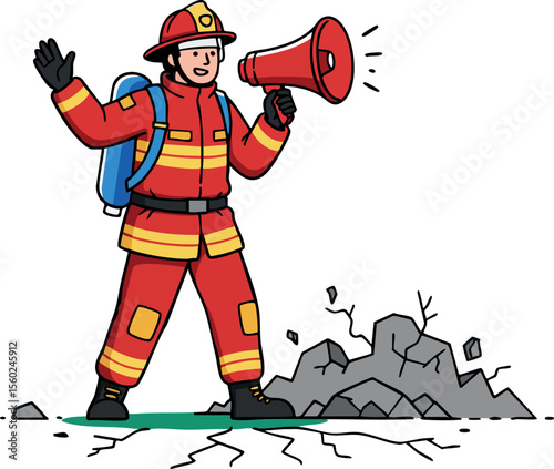 Firefighter in protective gear holding megaphone next to cracked ground emergency rescue vector illustration