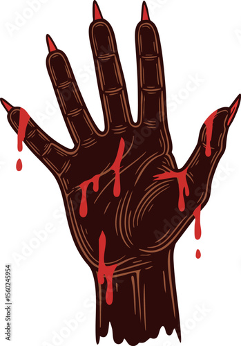 Bloody dark zombie hand with sharp claws dripping red blood vector horror illustration
