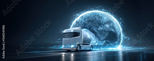 Futuristic electric truck driving on a digital road with glowing globe and technology elements showcasing innovation and advancement in transportation industry