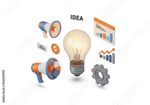 3d icon of lightbulb with marketing icons around it (megaphone, chart, gear), idea generation concept, isometric 3d style, white background.