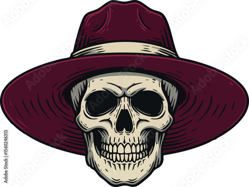 Skull wearing wide brimmed red hat with beige band vector design illustration for tattoo or graphic art