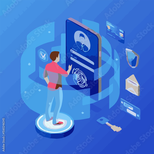 An isometric illustration concept of biometric authentication and digital identity. A user interacts with a futuristic, holographic smartphone interface, using a fingerprint scanner to log in. Surroun