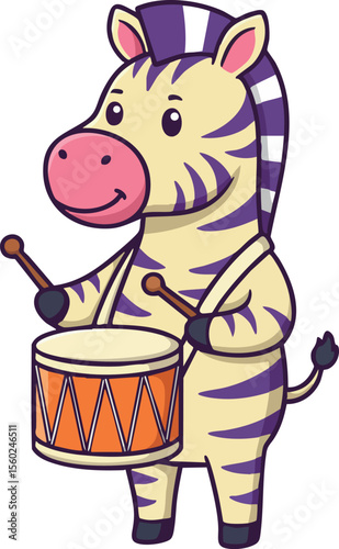 Cute cartoon zebra playing drum with sticks on white background vector illustration