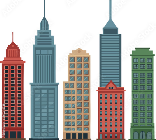 Colorful urban city skyline buildings with various architectural styles and heights vector illustration
