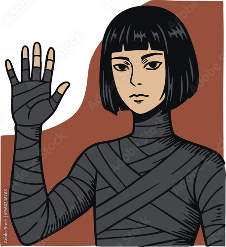 Woman with short black hair and wrapped clothing raising hand in confident pose vector illustration
