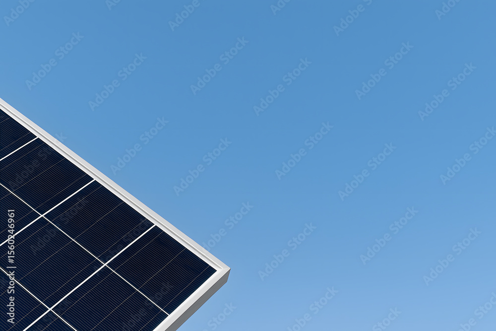 Fototapeta premium Clean energy meets a vibrant blue sky as a solar panel's sharp angles contrast with the soft clouds.