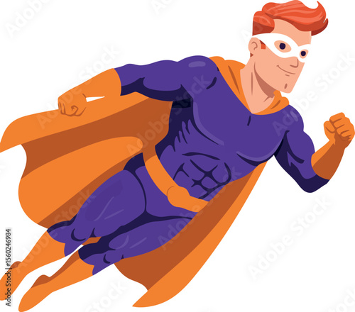 Superhero flying in purple and orange costume with mask and cape vector illustration
