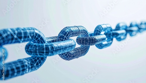 A detailed close-up of a shiny blue chain with a blurred background. The chain links are interconnected, and the image focuses on texture and form