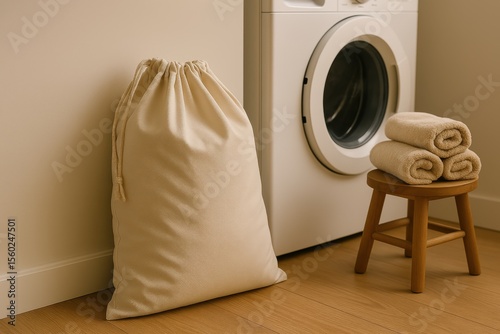 cloth laundry bag near a washing machin