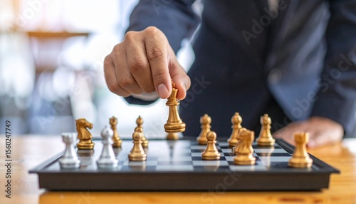 A strategist makes a chess move with a focus on game and strategy. A hand is moving the chess piece to set up for the next step