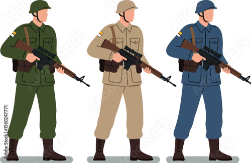 Three soldiers standing with rifles in green beige and blue military uniforms vector illustration