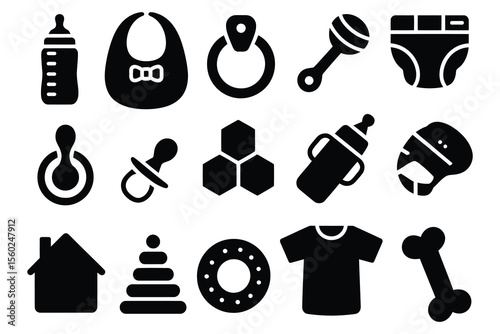 Simple Black Silhouette Baby Elements – Bottles, Toys & Soothers Vector


