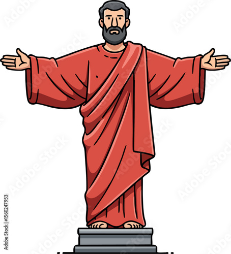 Jesus Christ vector illustration with open arms wearing red robe standing on pedestal religious figure